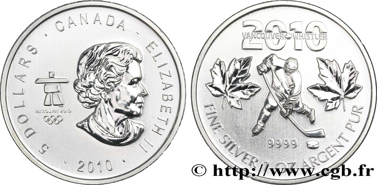 CANADA 5 Dollars (1 once) Proof Jeux Olympiques d’hiver de vancouver : Elisabeth II / hockeyeur 2010  MS 