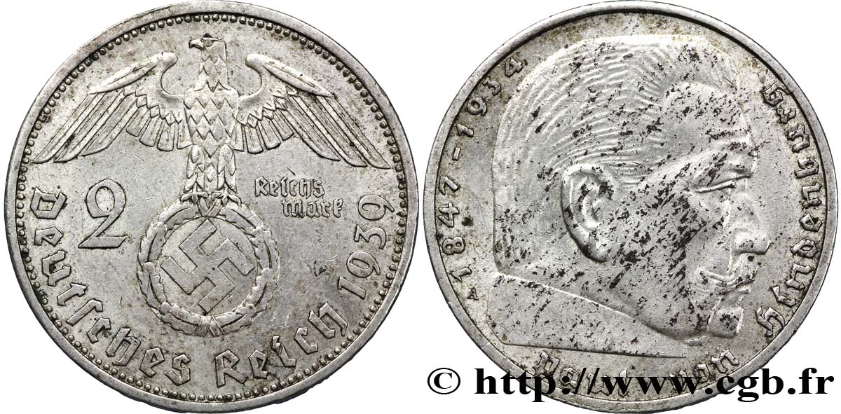 DEUTSCHLAND 2 Reichsmark aigle surmontant une swastika / Maréchal Paul von Hindenburg 1939 Berlin VZ 