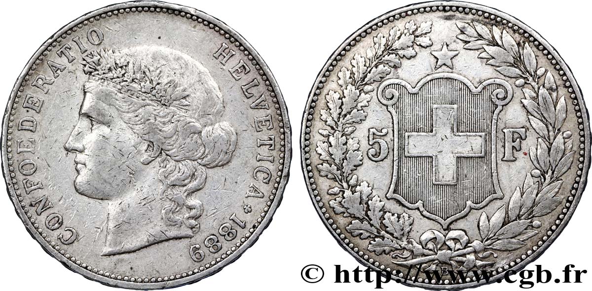 SWITZERLAND 5 Francs Helvetia buste 1889 Berne - B XF 