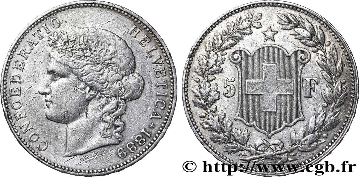 SCHWEIZ 5 Francs Helvetia buste 1889 Berne - B SS 