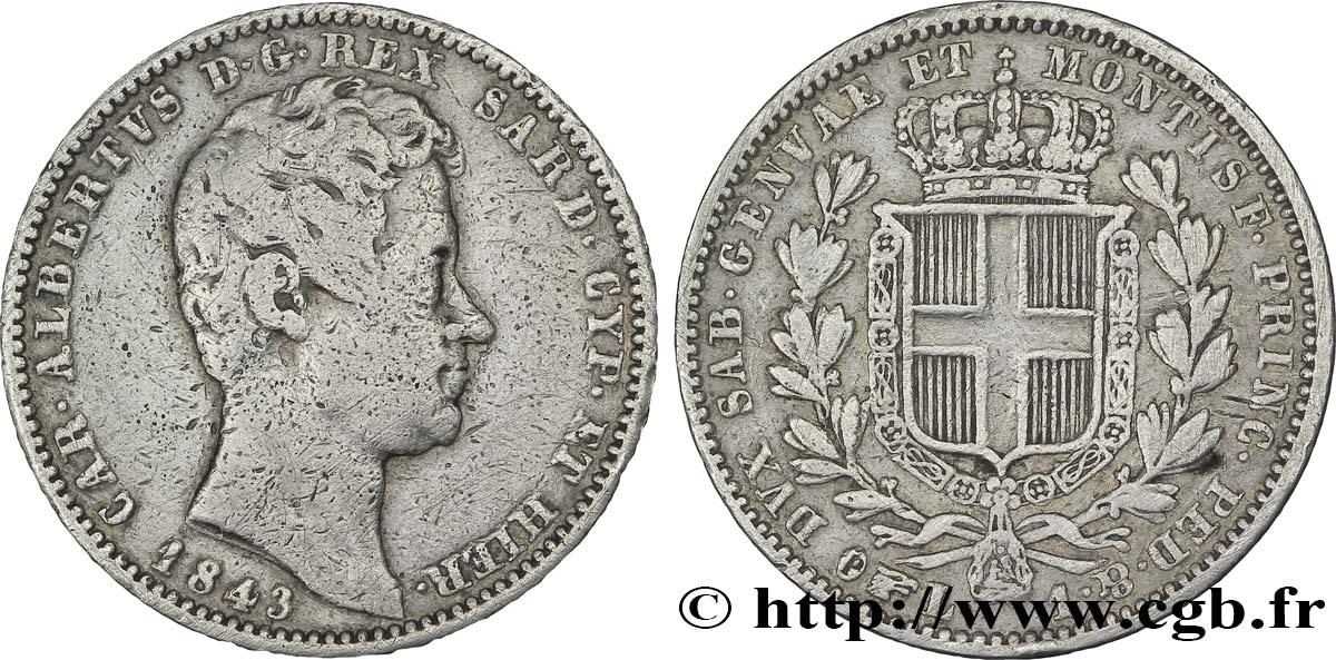ITALIEN - KÖNIGREICH SARDINIEN 1 Lire Charles Albert, roi de Sardaigne 1843 Turin S 