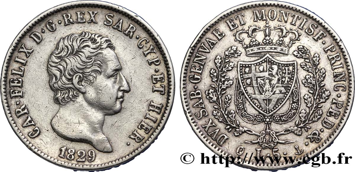 ITALY - KINGDOM OF SARDINIA 5 Lire Charles Félix 1829 Gênes AU 