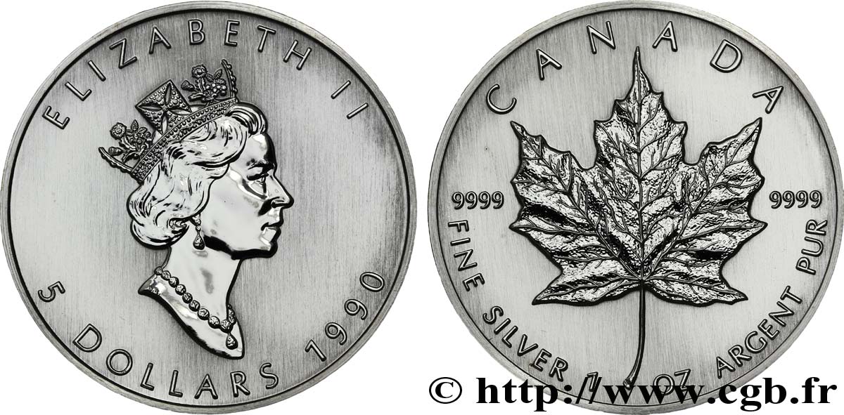 CANADá
 5 Dollars (1 once) Proof feuille d’érable / Elisabeth II 1990  FDC 