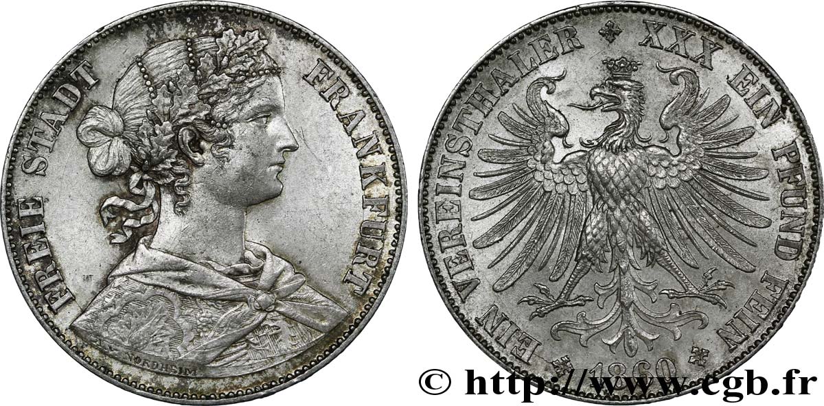 GERMANIA - LIBERA CITTA DE FRANCOFORTE 1 Vereinsthaler Francofurtia / aigle héraldique 1860  MS 