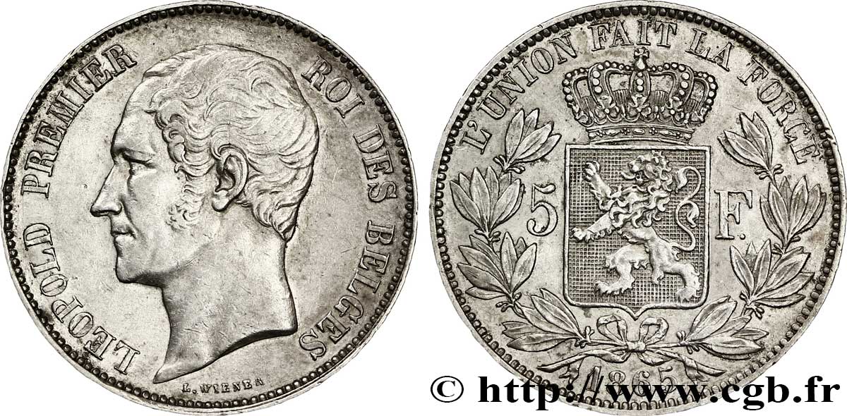 BELGIO 5 Francs Léopold Ier tête nue 1865  SPL 