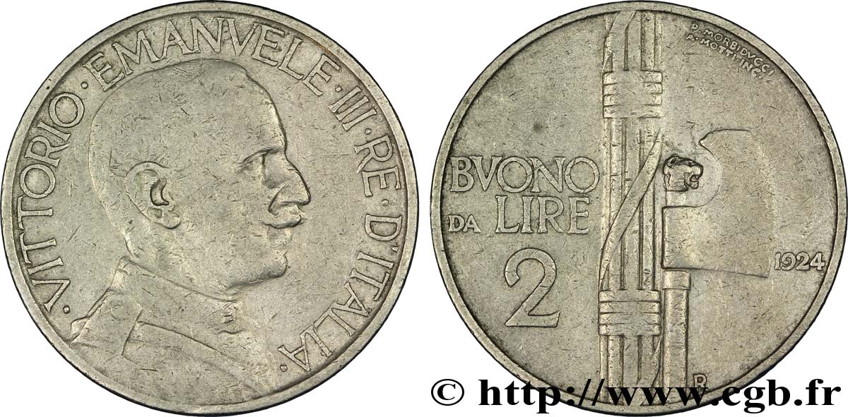 ITALIEN Bon pour 2 Lire (Buono da Lire 2) Victor Emmanuel III / faisceau de licteur 1924 Rome - R fSS 