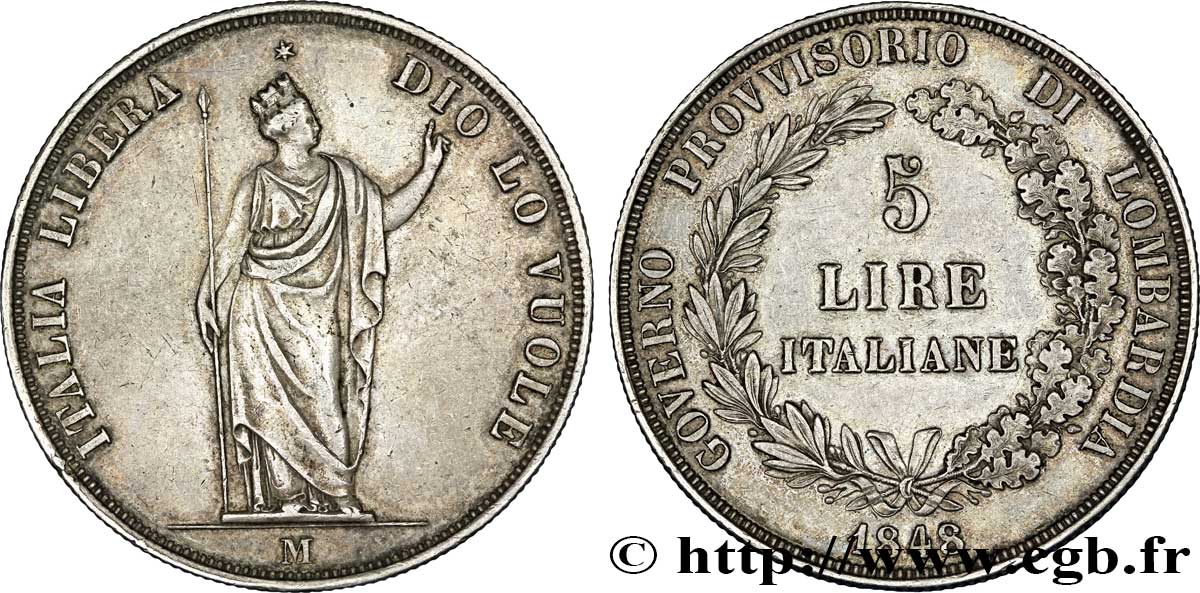 ITALIA - LOMBARDIA 5 Lire Gouvernement provisoire de Lombardie 1848 Milan MBC+ 