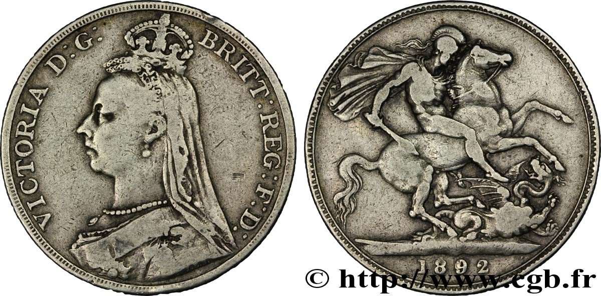 UNITED KINGDOM 1 Crown Victoria buste du jubilé / St Georges terrassant le dragon 1892  VF 
