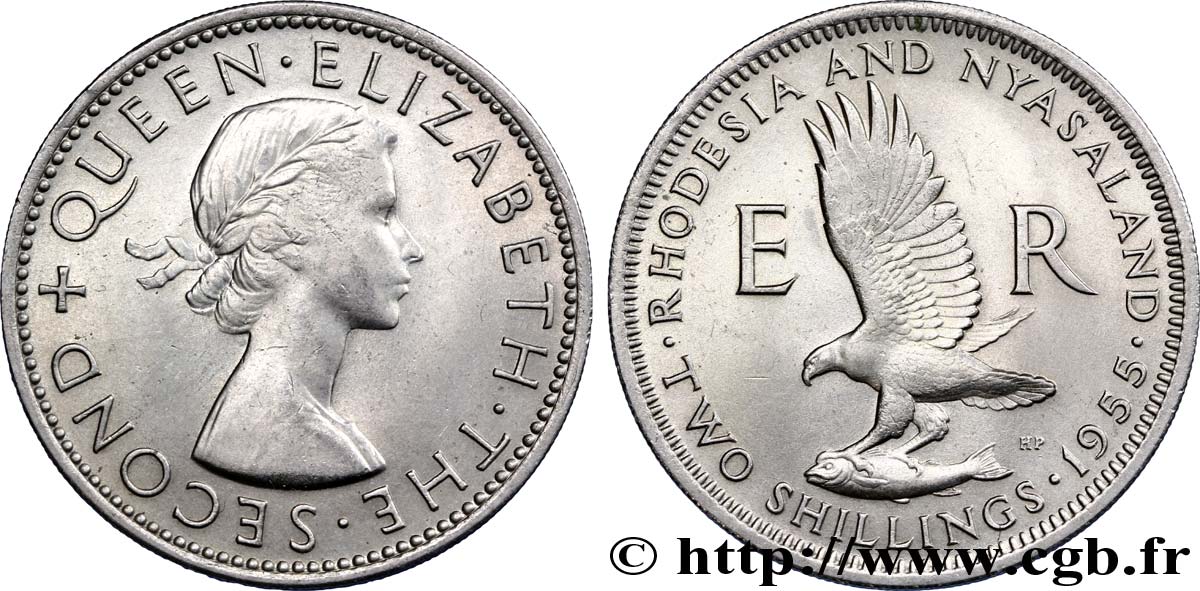 RHODÉSIE ET NYASSALAND 2 Shilling Elisabeth II / aigle pêcheur sur blason, lion et antilope 1955  SUP 
