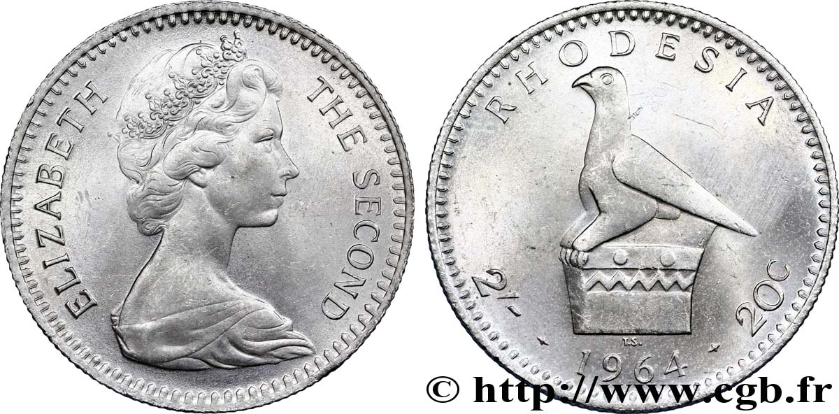 RHODESIEN 2 Shillings (20 Cents) Elisabeth II / oiseau emblématique 1964  VZ 