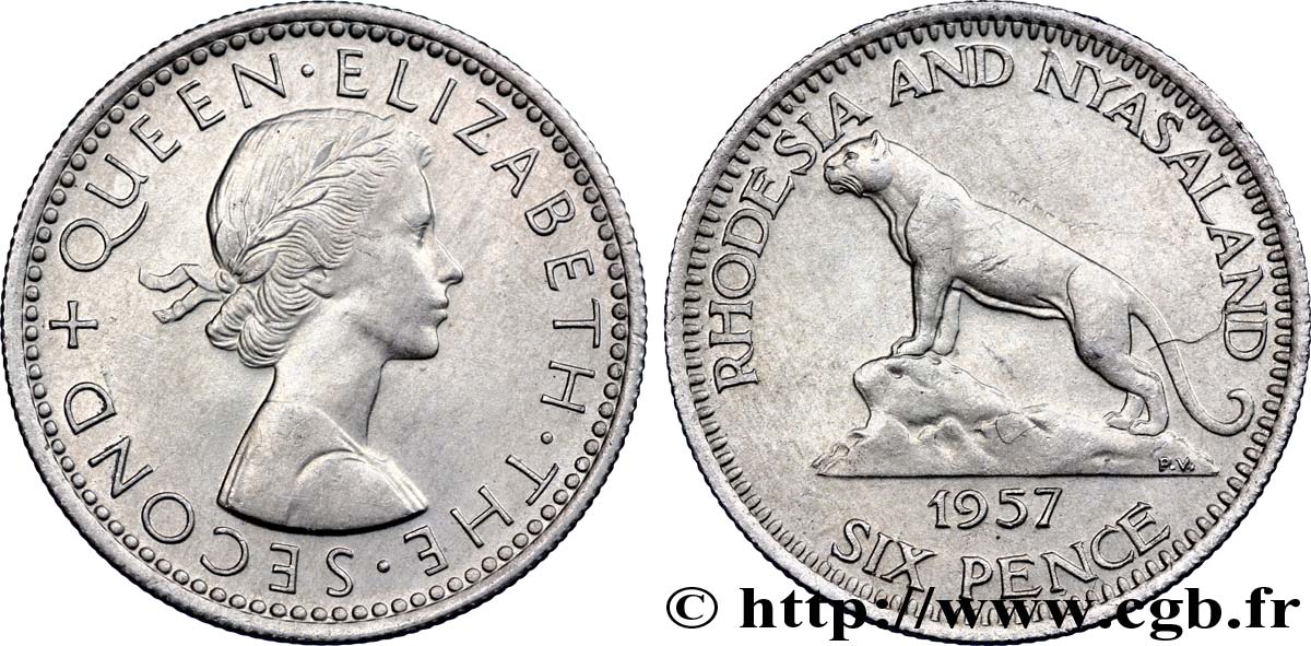 RHODESIEN UND NJASSALAND (Föderation von) 6 Pence Elisabeth II / lion 1957  fST 