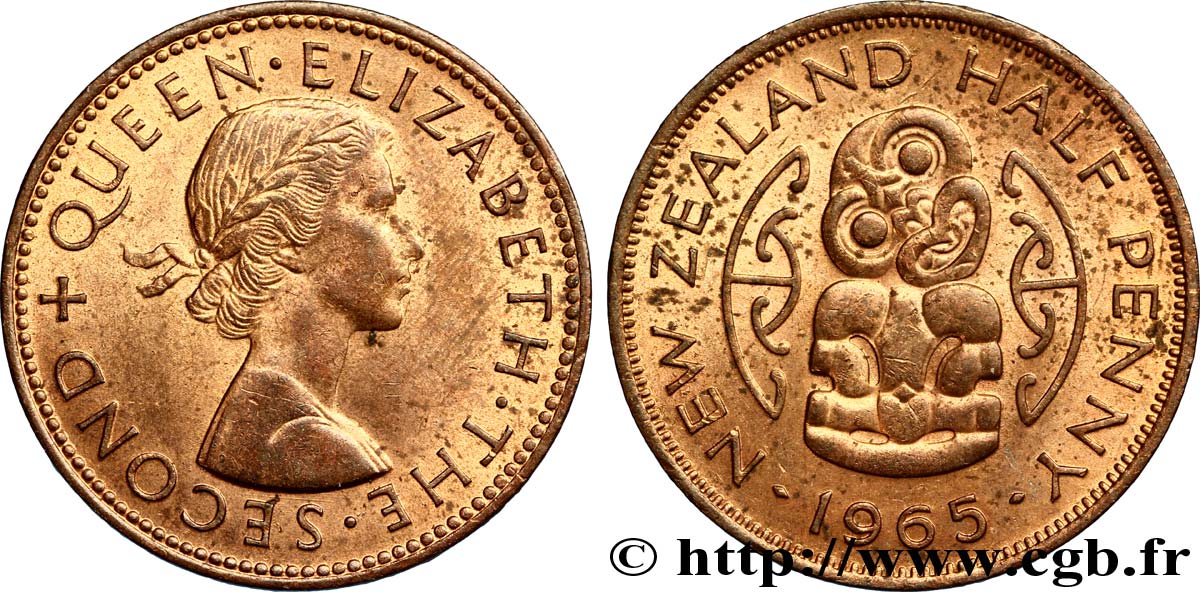 NUEVA ZELANDA
 1/2 Penny Elisabeth II / pendentif maori Hei Tiki 1965  EBC 
