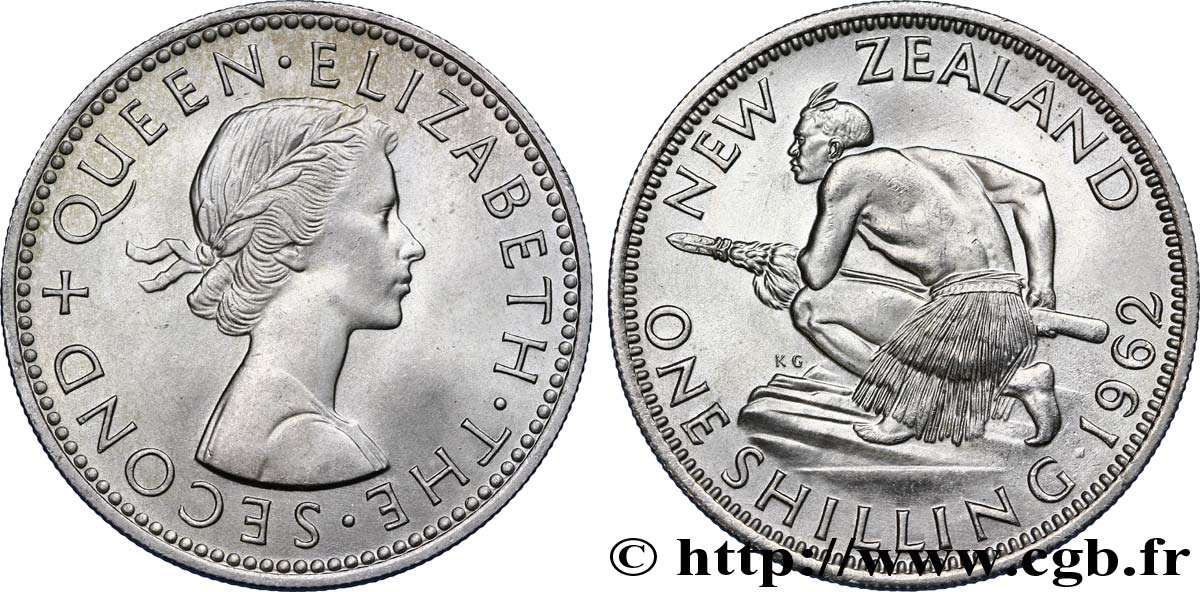 NEUSEELAND
 1 Shilling Elisabeth II / guerrier maori 1962  fST 