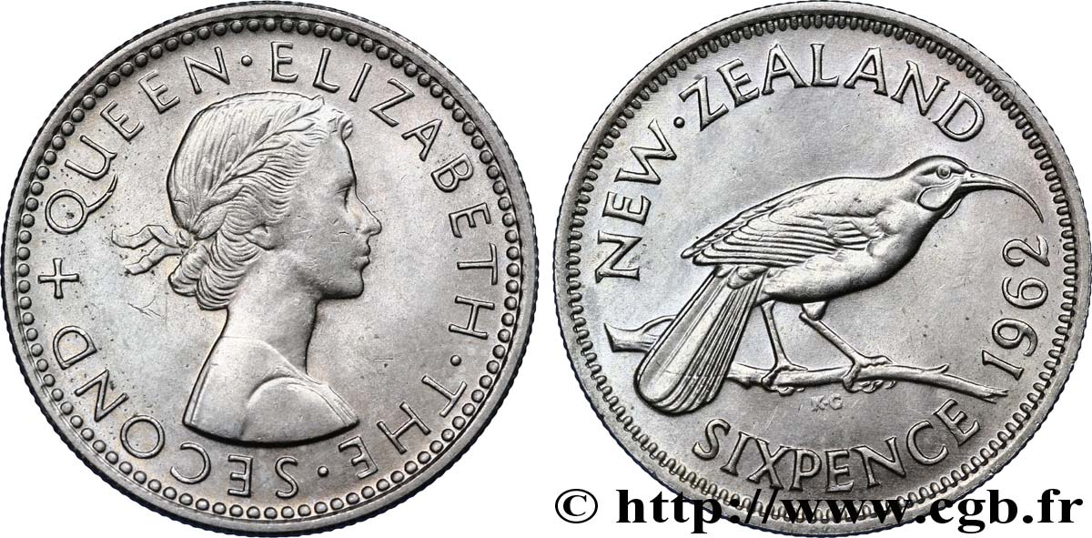 NUEVA ZELANDA
 6 Pence Elisabeth II / oiseau Huia 1962  SC 