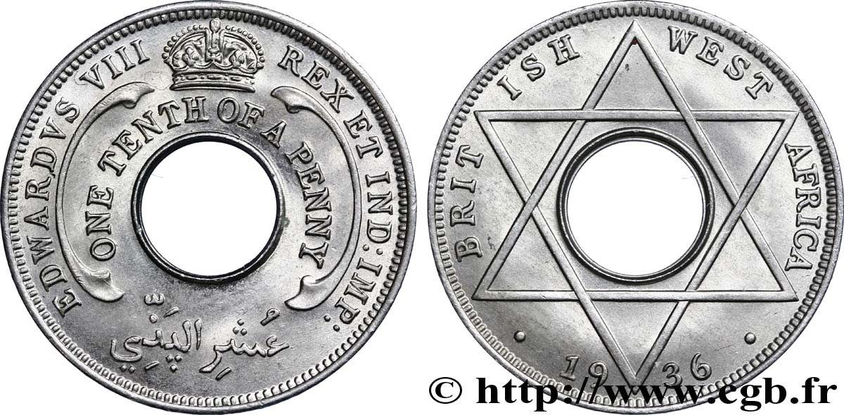 AFRIQUE OCCIDENTALE BRITANNIQUE 1/10 Penny  frappe au nom d’Edouard VIII 1936 Londres SPL 