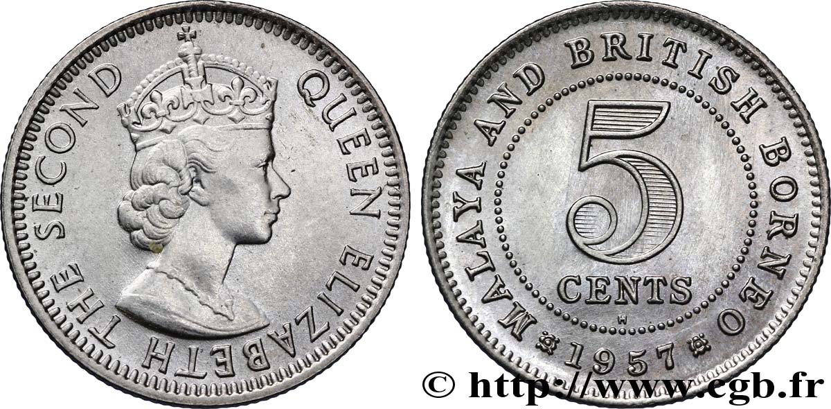 MALAYA und BRITISH BORNEO 5 Cents Elisabeth II 1957 Heaton - H fST 