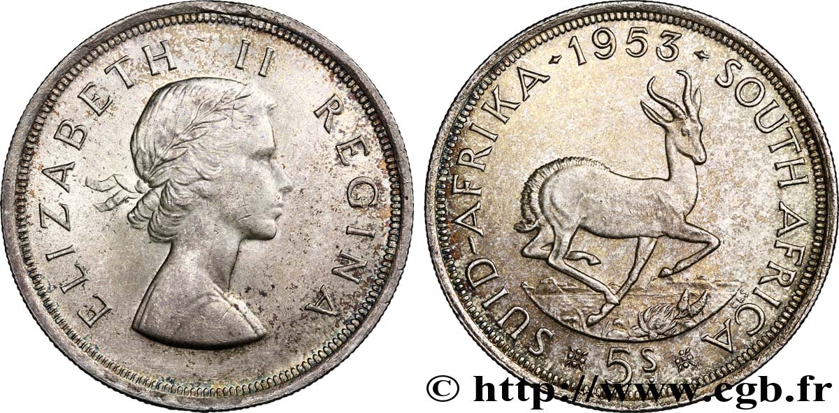 SUDÁFRICA 5 Shillings Elisabeth II / springbok 1953 Pretoria EBC 