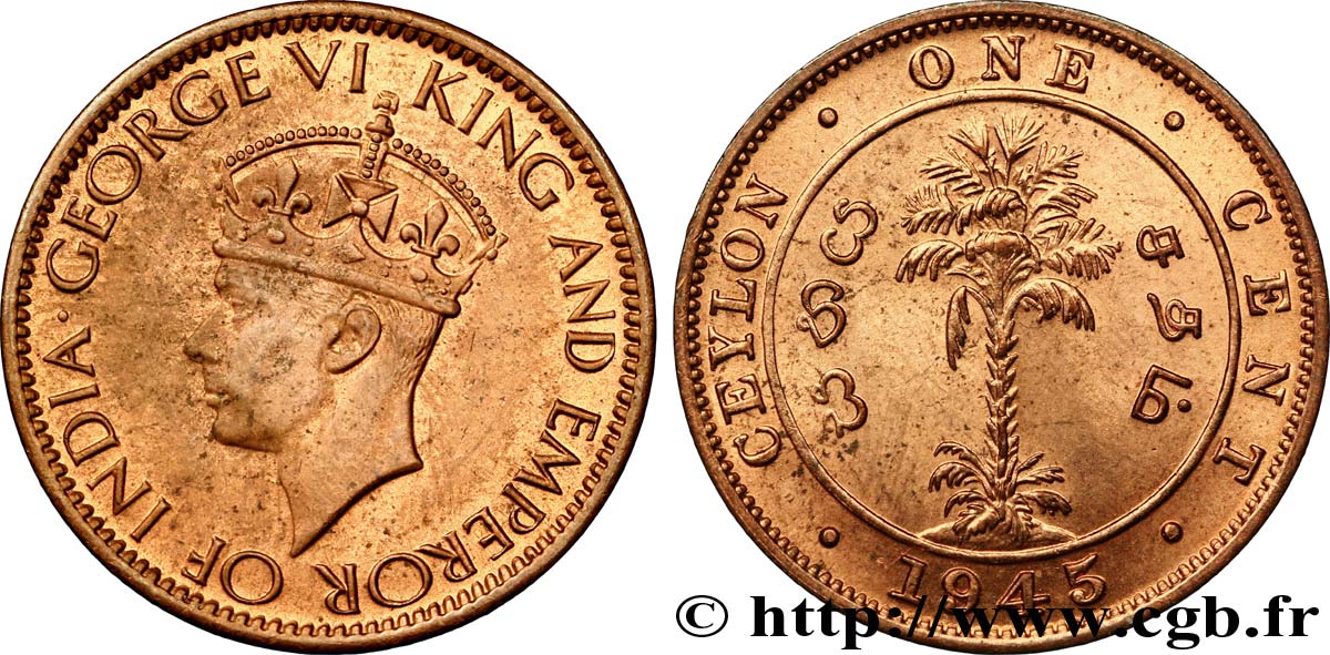 CEYLON 1 Cent Georges VI 1945  MS 