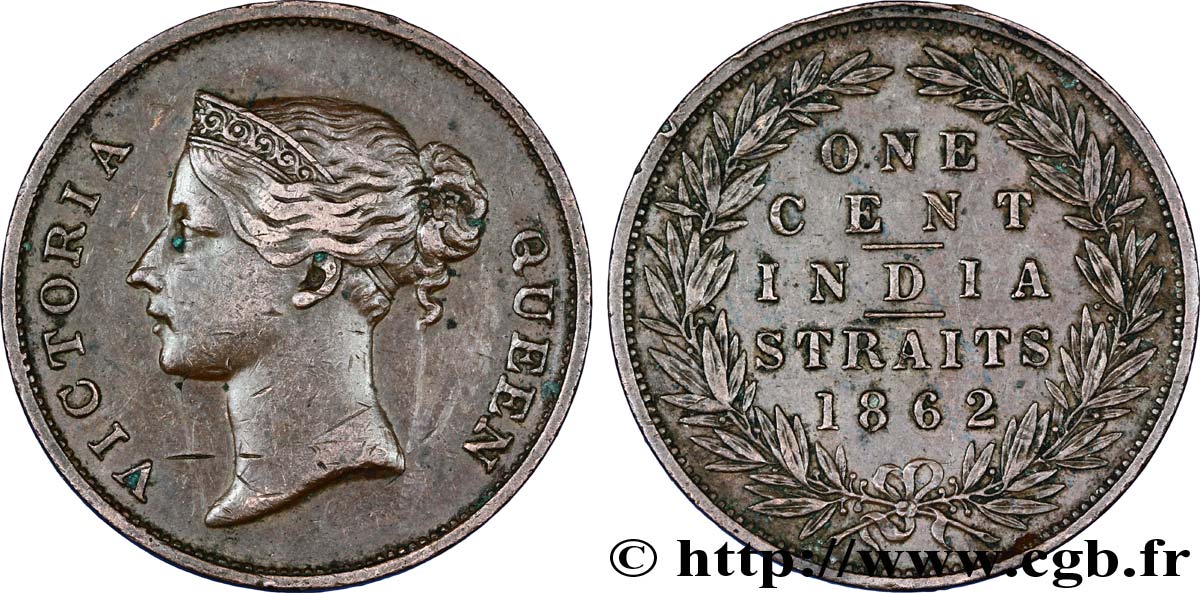 STRAITS SETTLEMENTS 1 Cent Victoria 1862  XF 