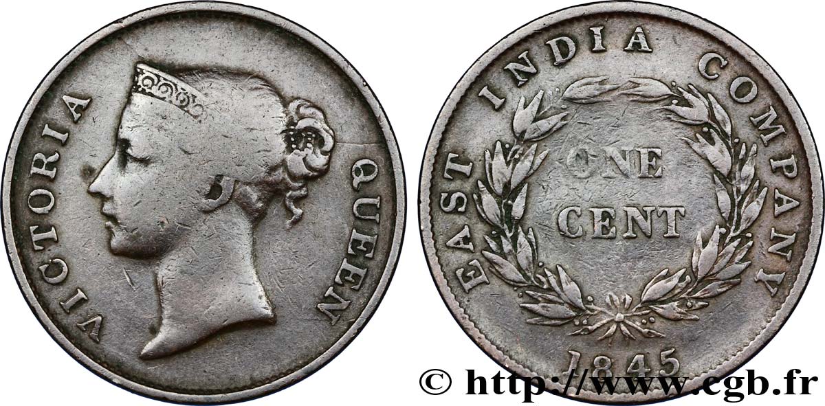 COLONIAS DEL ESTRECHO 1 Cent Victoria East India Company 1845  BC 