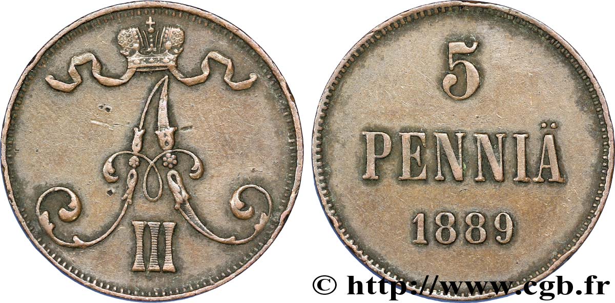 FINLANDE 5 Pennia monogramme Tsar Alexandre III 1889  TTB 