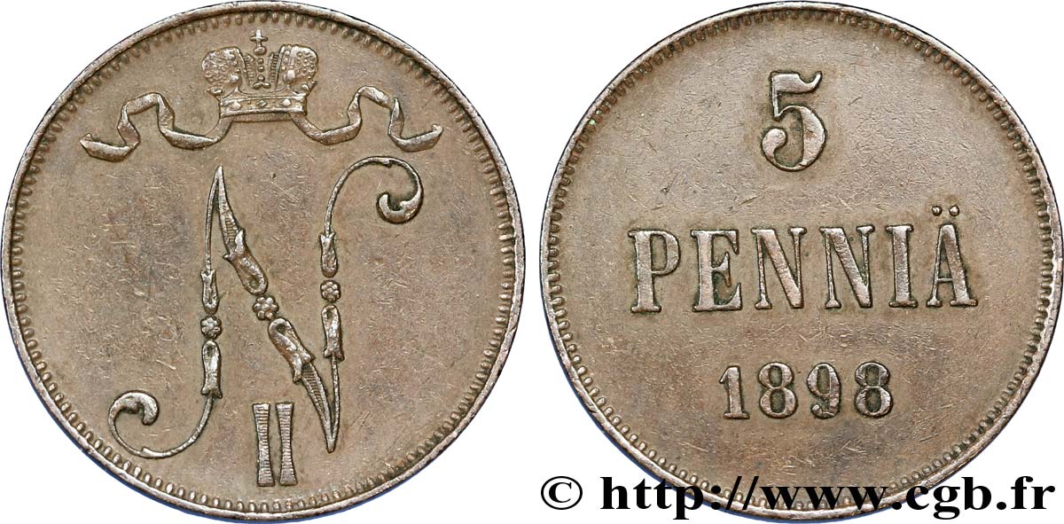 FINLANDIA 5 Pennia monogramme Tsar Nicolas II 1898  MBC 
