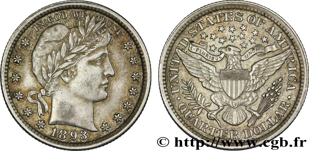 UNITED STATES OF AMERICA 1/4 Dollar Barber 1893 Philadelphie AU 