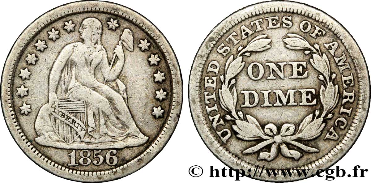 UNITED STATES OF AMERICA 1 Dime (10 Cents) Liberté assise 1856 Philadelphie VF 