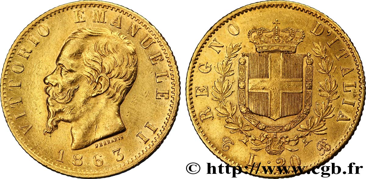 ITALIA 20 Lire Victor Emmanuel II 1863 Turin EBC 