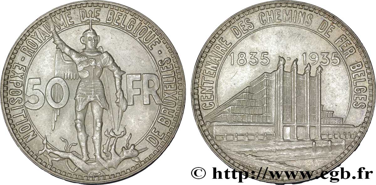 BELGIEN 50 Francs Exposition de Bruxelles et centenaire des chemins de fer belges, St Michel en armure 1935  VZ 