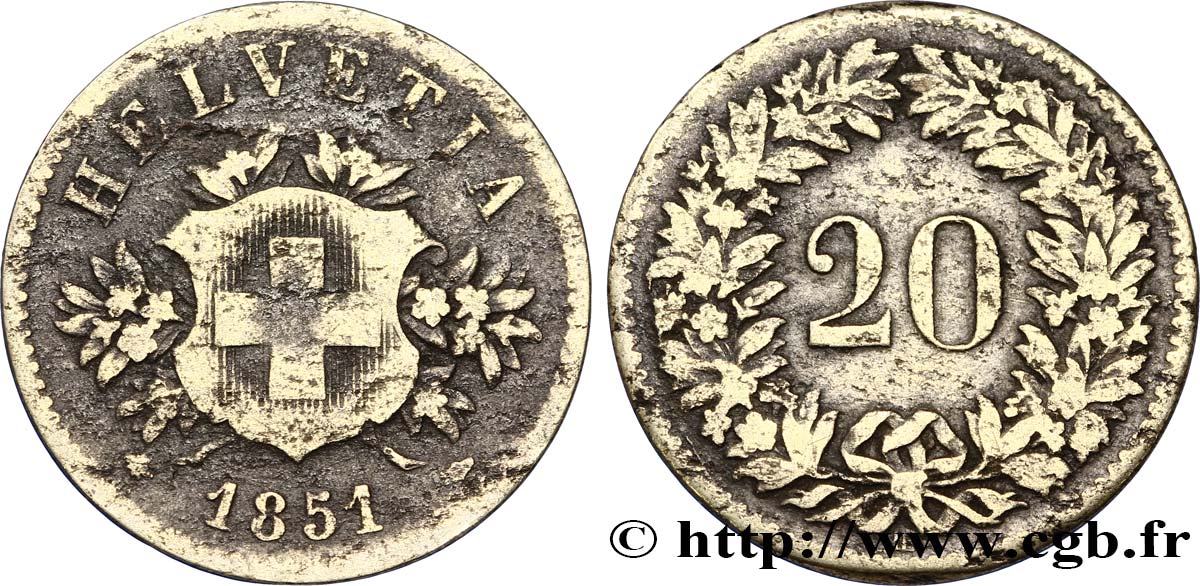 SCHWEIZ 20 Centimes (Rappen) croix suisse 1851 Strasbourg - BB S 
