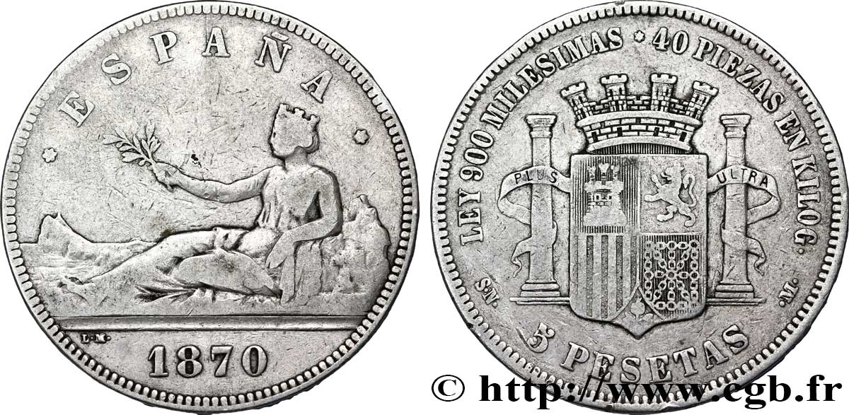 ESPAÑA 5 Pesetas “ESPAÑA” allongée / emblème 1870 Madrid BC+ 