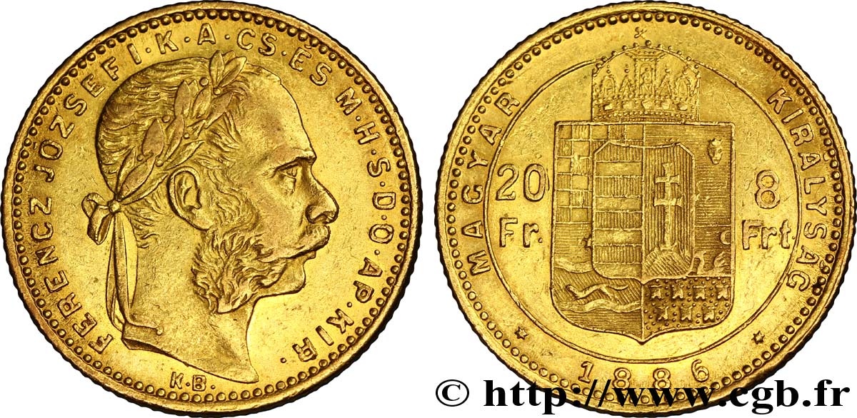 HUNGARY 20 Francs or ou 8 Forint, 2e type François-Joseph Ier 1886 Kremnitz XF 