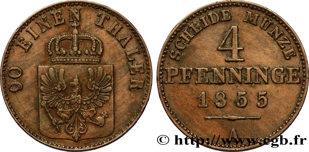 ALEMANIA - PRUSIA 4 Pfenninge Royaume de Prusse écu à l’aigle 1855 Berlin EBC 