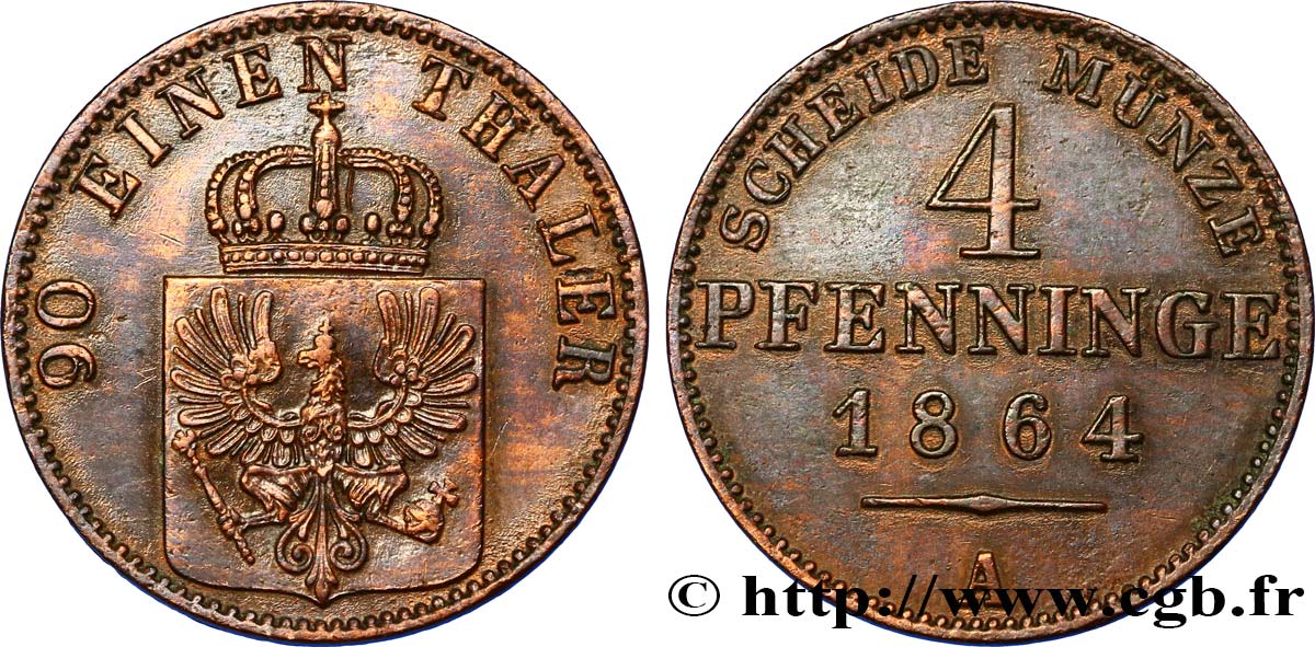 GERMANIA - PRUSSIA 4 Pfenninge Royaume de Prusse écu à l’aigle 1864 Berlin q.SPL 