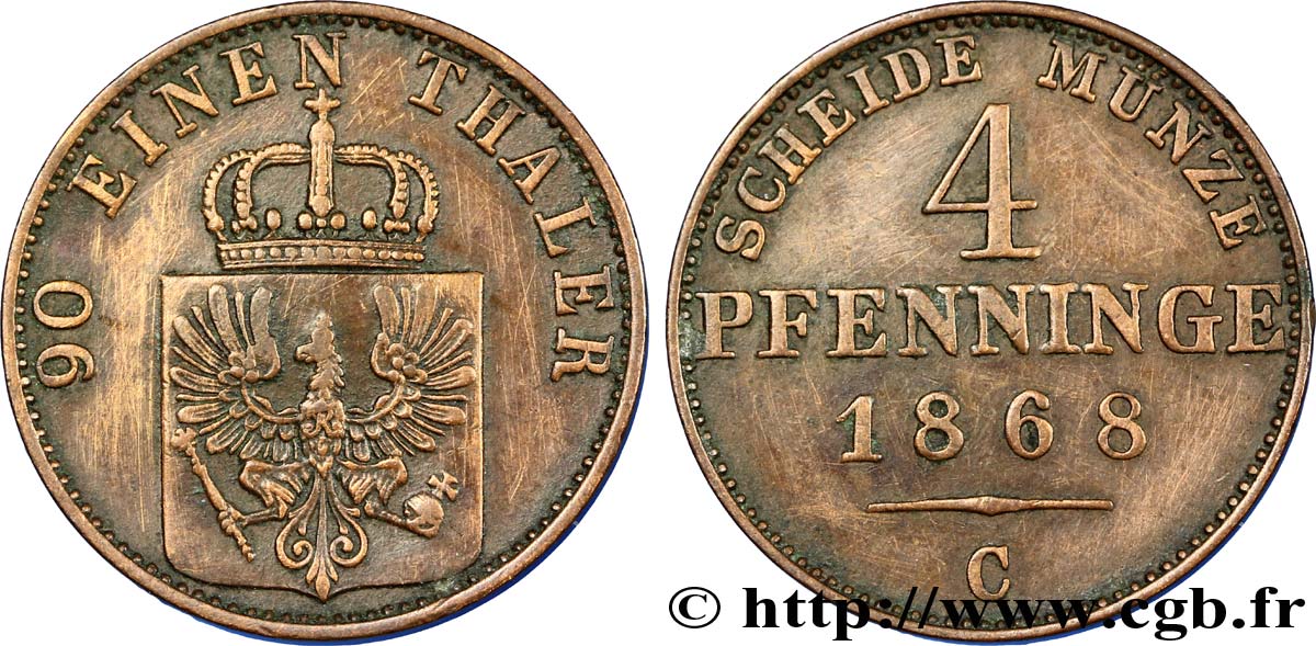 GERMANY - PRUSSIA 4 Pfenninge Royaume de Prusse écu à l’aigle 1868 Francfort - C XF 