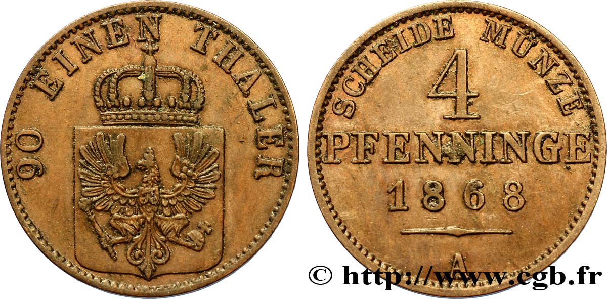ALEMANIA - PRUSIA 4 Pfenninge Royaume de Prusse écu à l’aigle 1868 Berlin EBC 