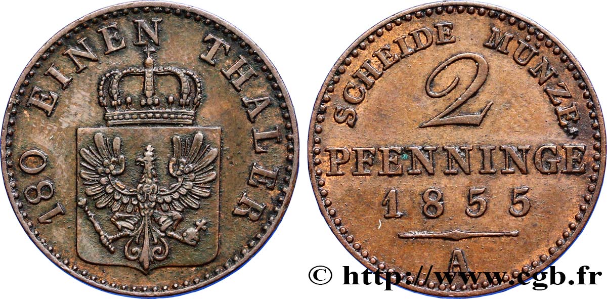ALEMANIA - PRUSIA 2 Pfenninge Royaume de Prusse écu à l’aigle 1855 Berlin EBC 