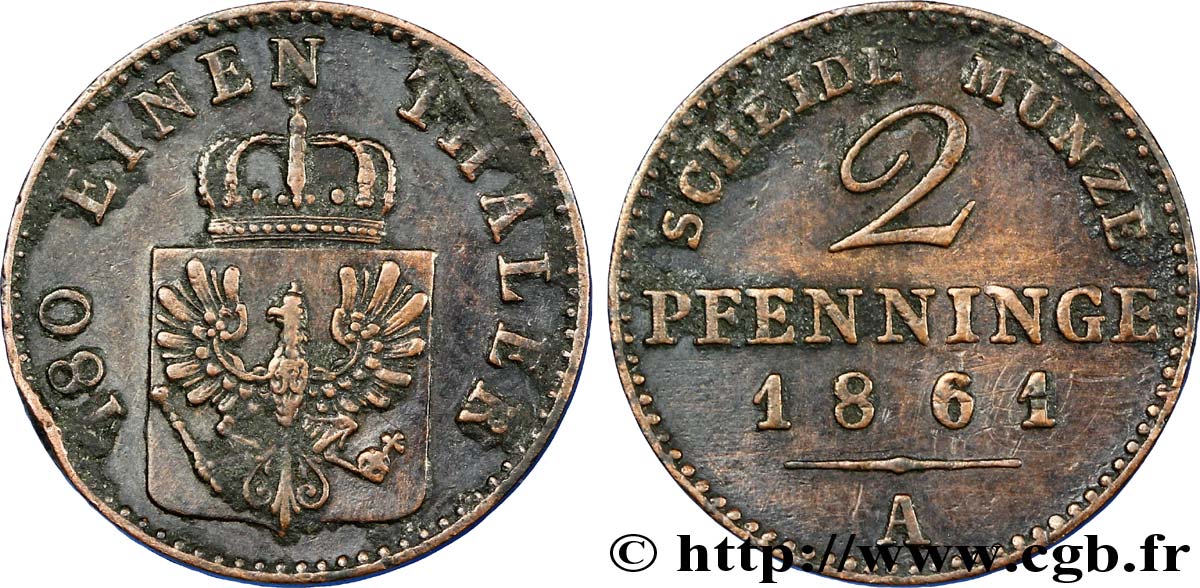 GERMANIA - PRUSSIA 2 Pfenninge Royaume de Prusse écu à l’aigle 1861 Berlin q.SPL 