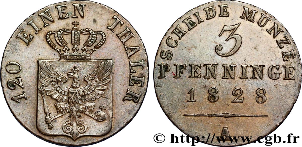 ALEMANIA - PRUSIA 3 Pfenninge Royaume de Prusse écu à l’aigle 1828 Berlin EBC 