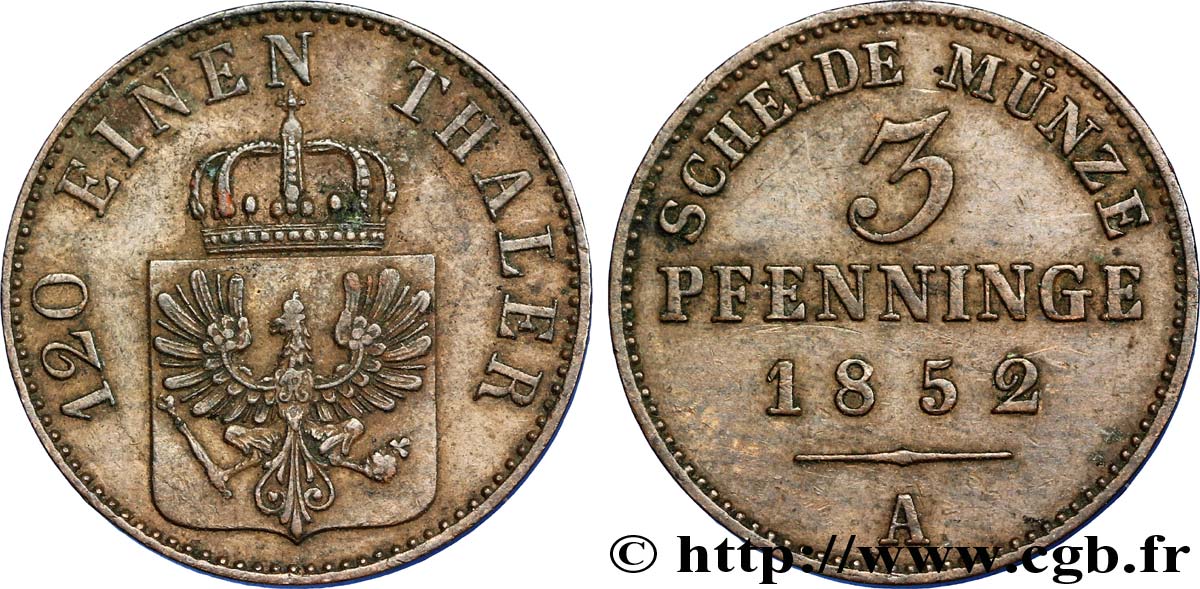 ALEMANIA - PRUSIA 3 Pfenninge Royaume de Prusse écu à l’aigle 1852 Berlin EBC 