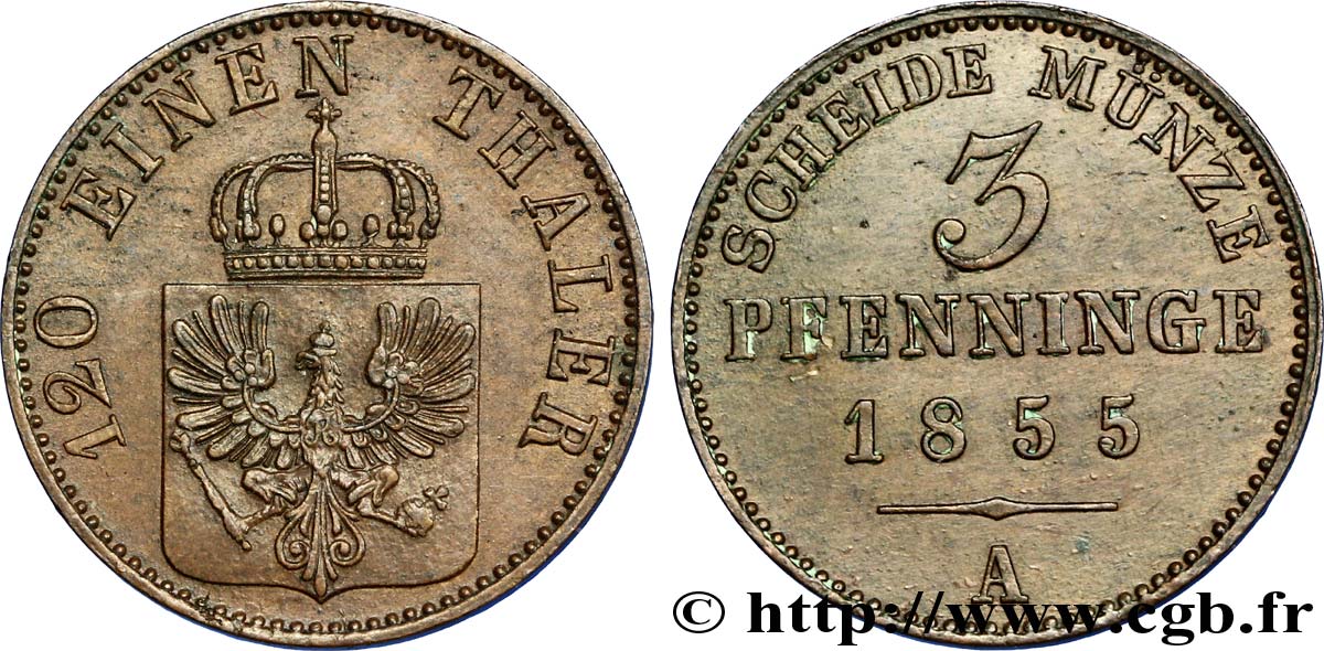 ALEMANIA - PRUSIA 3 Pfenninge Royaume de Prusse écu à l’aigle 1855 Berlin EBC 