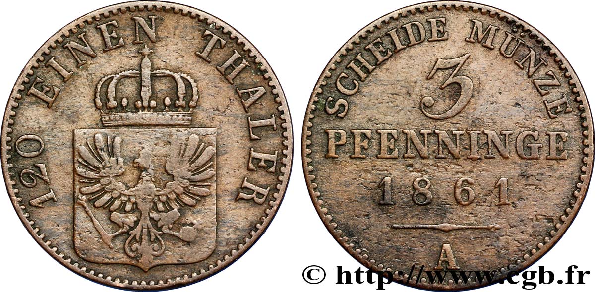 ALEMANIA - PRUSIA 3 Pfenninge Royaume de Prusse écu à l’aigle 1861 Berlin BC 