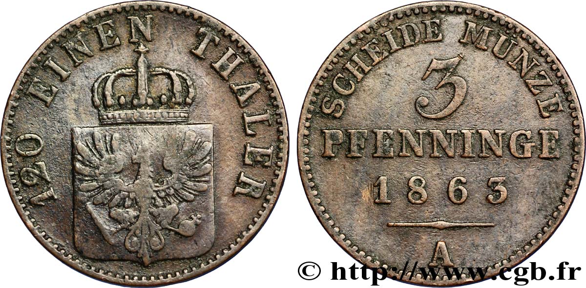 ALEMANIA - PRUSIA 3 Pfenninge Royaume de Prusse écu à l’aigle 1863 Berlin BC+ 