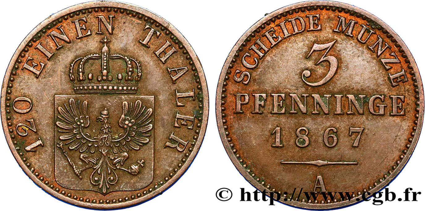 ALEMANIA - PRUSIA 3 Pfenninge Royaume de Prusse écu à l’aigle 1867 Berlin EBC 