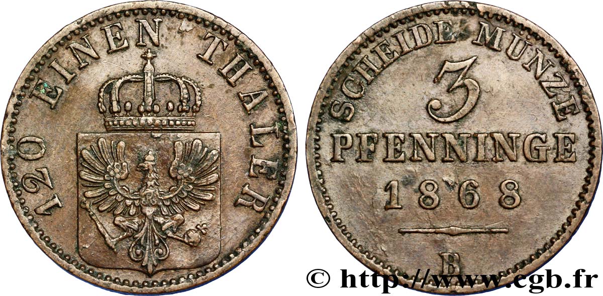 ALEMANIA - PRUSIA 3 Pfenninge Royaume de Prusse écu à l’aigle 1868 Hanovre - B MBC+ 
