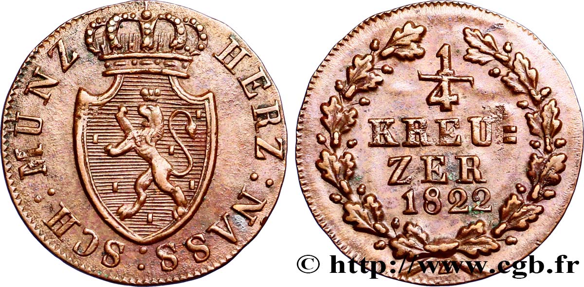 GERMANY - NASSAU 1/4 Kreuzer Grand-Duché de Nassau 1822  AU 