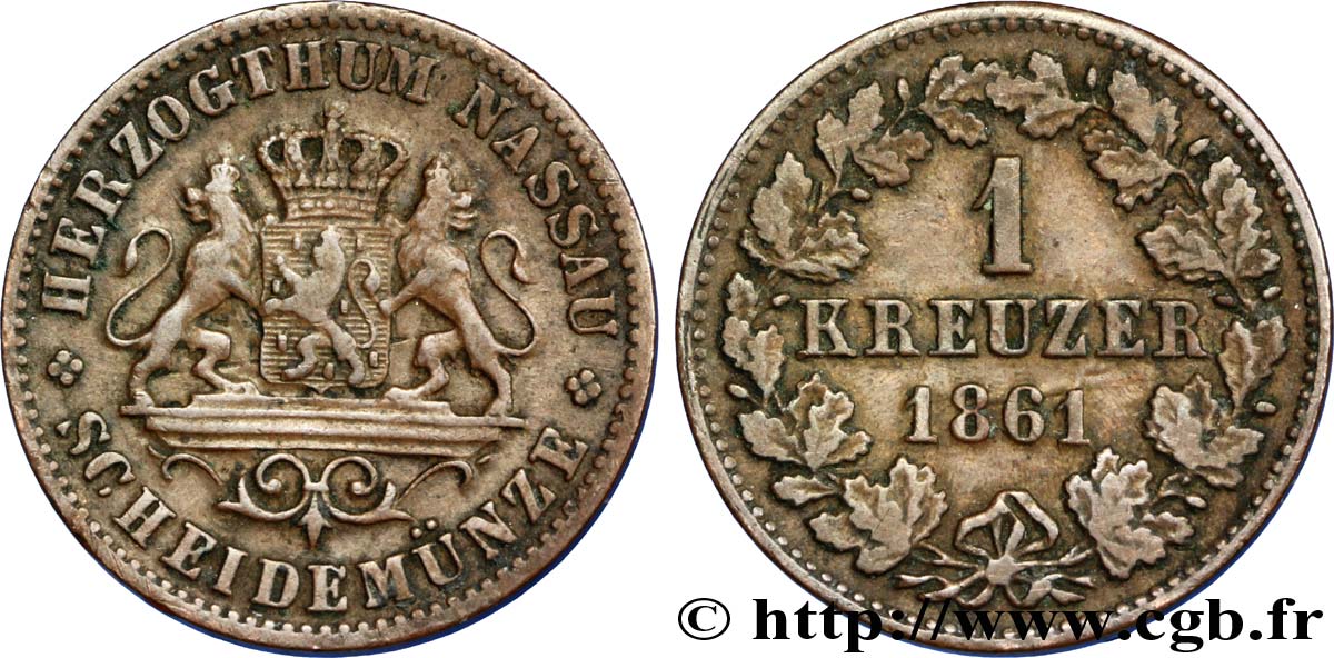 GERMANIA - NASSAU 1 Kreuzer Grand-Duché de Nassau 1861  BB 