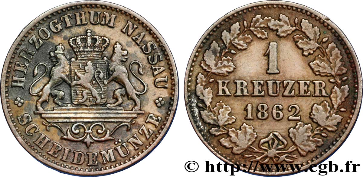 GERMANIA - NASSAU 1 Kreuzer Grand-Duché de Nassau 1862  BB 