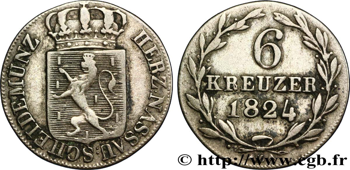 GERMANY - NASSAU 6 Kreuzer Grand-Duché de Nassau 1824  XF 